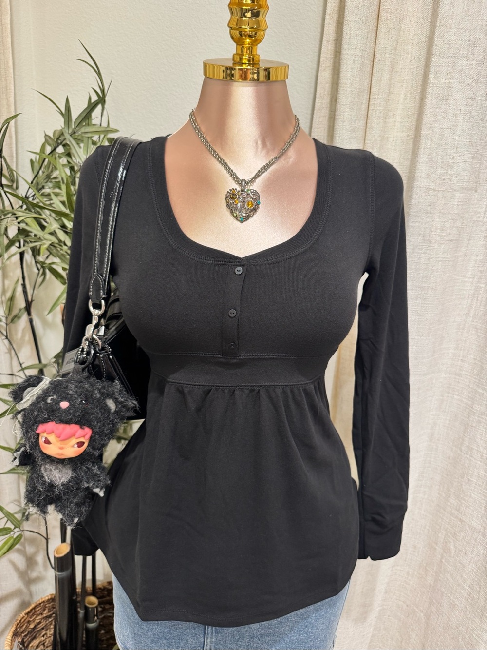 Y2K style long sleeve Henley top with tie in back